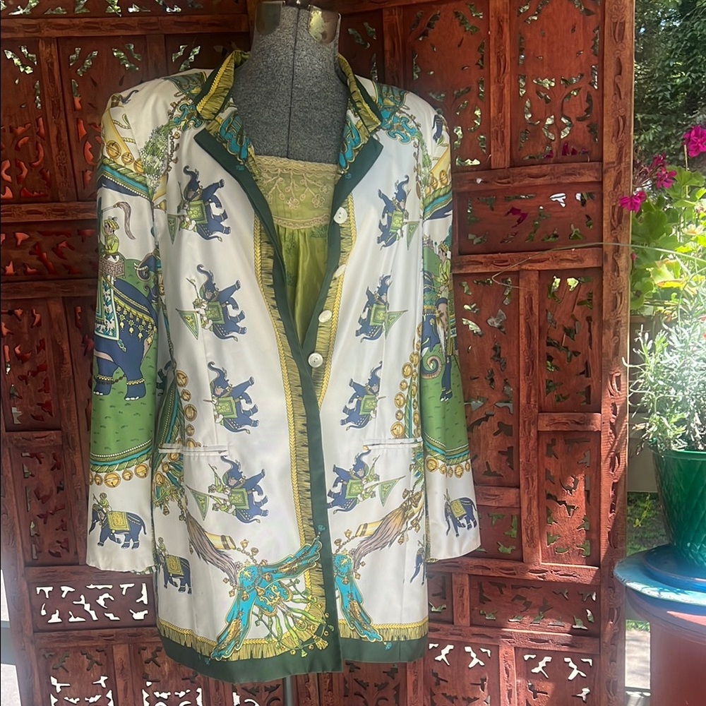 Vintage Mondi Green and White Blazer with Artistic Patterns